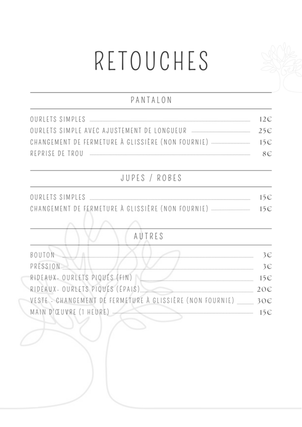 Tarif pour les services de retouches